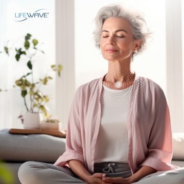 Middle aged woman meditating at home with eyes closed, relaxing body and mind in a living room. Mental health and meditation for no stress concept. AI Generative